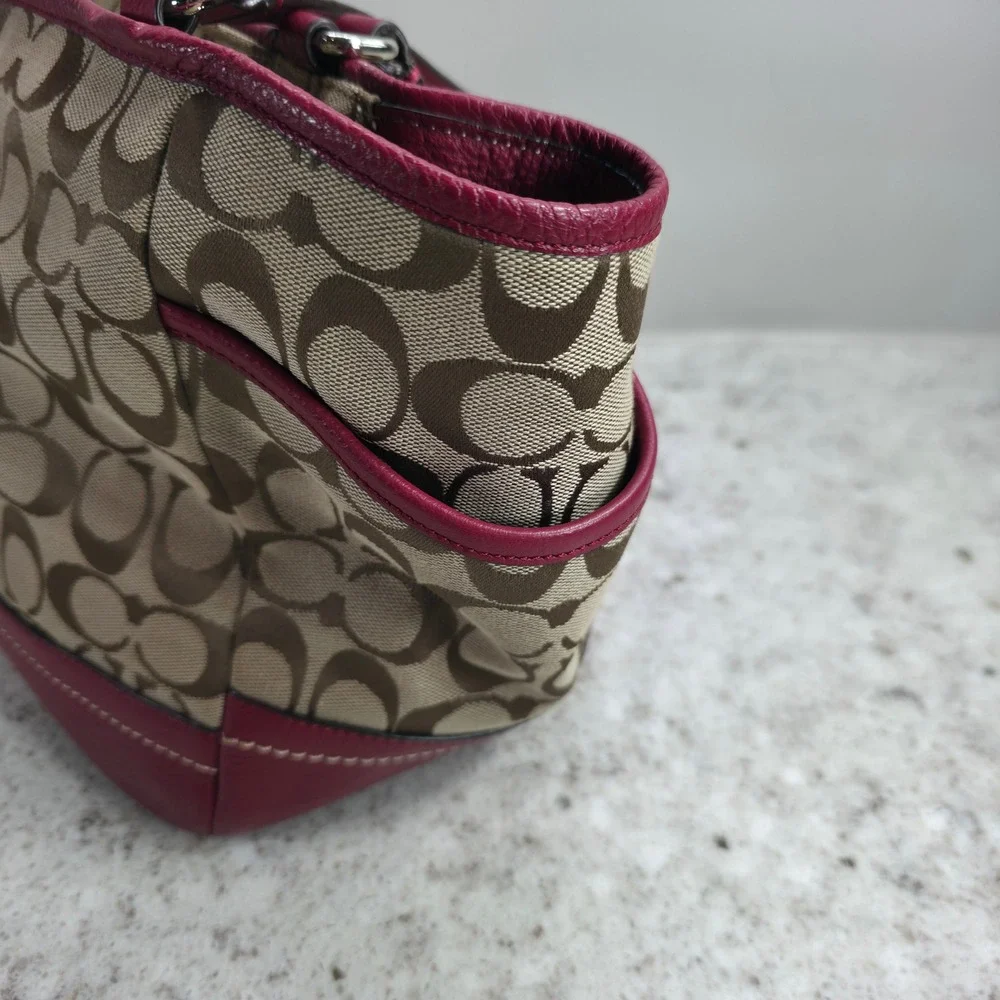 Coach Taylor Signature Tote Khaki Magenta Pink Leather Trim F23297 Bag